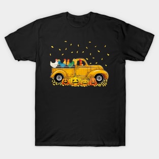 Yellow Car Truck Chickens And Pumpkins Halloween T-Shirt